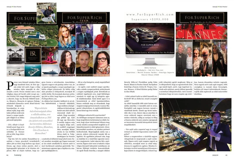 Eric Poirier Owner & Founder of ForSuperRich.com .First Interview September 2020 for the N1 Luxury magazine in Hungary Luxury-Magazin.hu