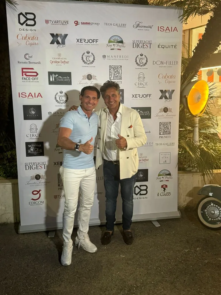 Eric Poirier Owner & Founder of ForSuperRich.com with Gianluca Gaudio CEO & Founder of Gaudio Group Monaco during the event at TEOS Gallery F1 GP of Monaco 2024
