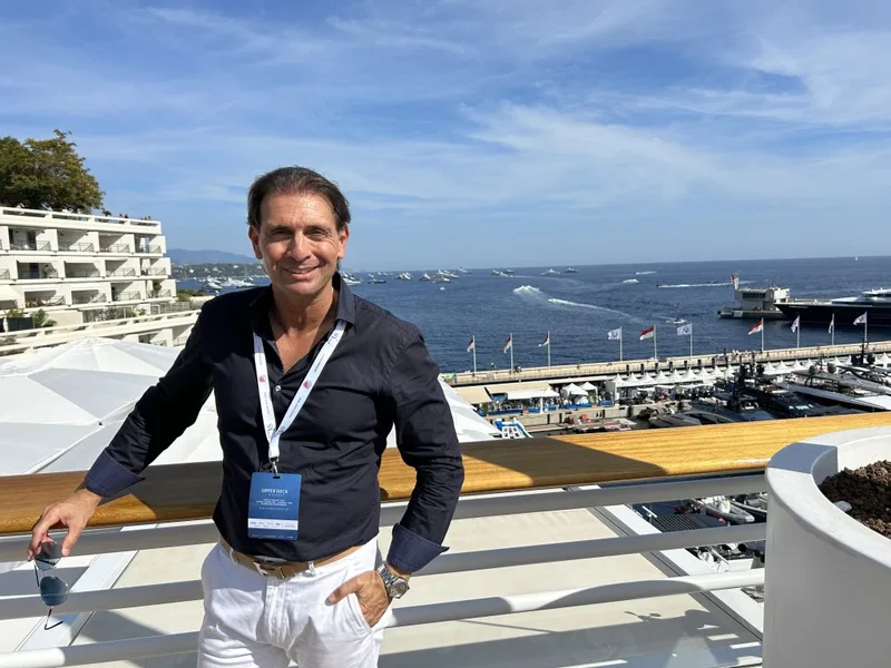 Monaco Yacth Show 2023 - Eric Poirier Owner & Founder of ForSuperRich.com on AIRBUS HELICOPTER roof top loundge at the Yacht Club Monaco