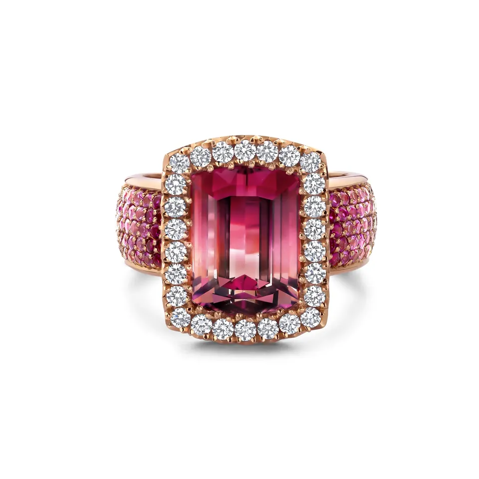 Ring One-of-a-kind N°206 Blush Radiance - Bicolor Tourmaline with Diamond & Sapphire Glow - Celine Roelens for sale For Super Rich Ring One-of-a-kind N°206 Blush Radiance - Bicolor Tourmaline with Diamond & Sapphire Glow - Celine Roelens for sale For Super Rich