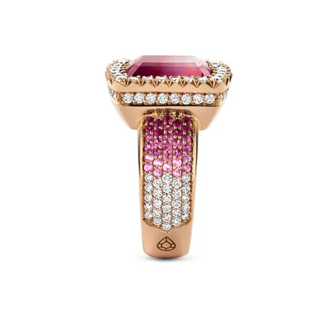 Ring One-of-a-kind N°206 Blush Radiance - Bicolor Tourmaline with Diamond & Sapphire Glow - Celine Roelens Belgium for sale For Super Rich Ring One-of-a-kind N°206 Blush Radiance - Bicolor Tourmaline with Diamond & Sapphire Glow - Celine Roelens Belgium for sale For Super Rich