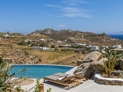 Design Villa Panoramic View over Paraga, Platis Yialos, and Paradise beaches., 5 bedrooms in Mykonos deal for sale For Super Rich
