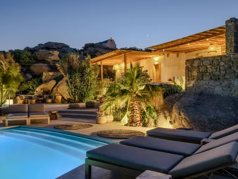 Design Villa Panoramic View over Paraga, Platis Yialos, and Paradise beaches., 5 bedrooms in Mykonos expensive for sale For Super Rich
