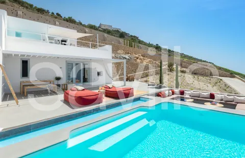 Architectural Villa Panoramic romantic setting Pool facing Greek beaches, 8 bedrooms in Santorini available for sale For Super Rich