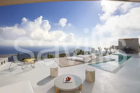 Architectural Villa Panoramic romantic setting Pool facing Greek beaches, 8 bedrooms in Santorini property for sale For Super Rich