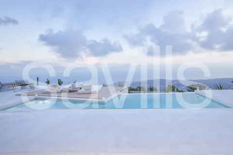 Architectural Villa Panoramic romantic setting Pool facing Greek beaches, 8 bedrooms in Santorini top for sale For Super Rich