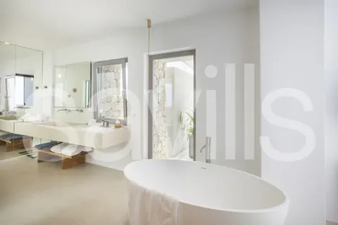 Architectural Villa Panoramic romantic setting Pool facing Greek beaches, 8 bedrooms in Santorini real estate for sale For Super Rich