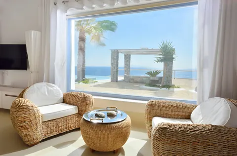 Architectural Villa one-of-a-kind location access sea, stunning panoramic view from Pinnacle Estate, 14 bedrooms in Mykonos value for sale For Super Rich