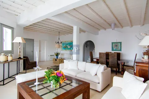 Elegant Villa Blanca sea views of Psarrou beach in Agios Lazaros, infinity pool, 5 bedrooms in Mykonos property for sale For Super Rich