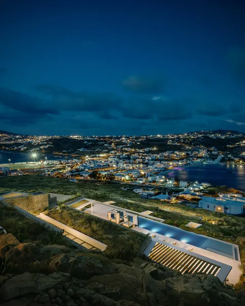 Luxury Villa Geometric shapes Substantial infinity pool and spa over the bay, 6 bedrooms in Mykonos luxury for sale For Super Rich