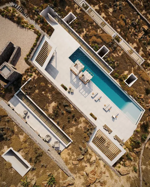 Luxury Villa Geometric shapes Substantial infinity pool and spa over the bay, 6 bedrooms in Mykonos available for sale For Super Rich