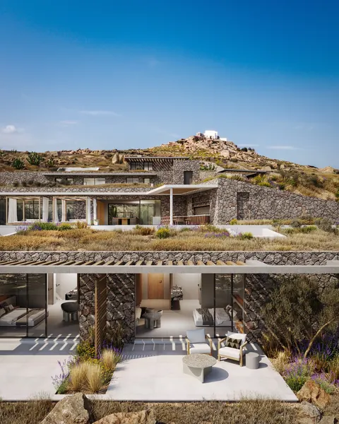 Luxury Villa Geometric shapes Substantial infinity pool and spa over the bay, 6 bedrooms in Mykonos search for sale For Super Rich