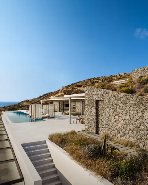 Luxury Villa Geometric shapes Substantial infinity pool and spa over the bay, 6 bedrooms in Mykonos New for sale For Super Rich