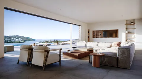 Luxury Villa Geometric shapes Substantial infinity pool and spa over the bay, 6 bedrooms in Mykonos value for sale For Super Rich