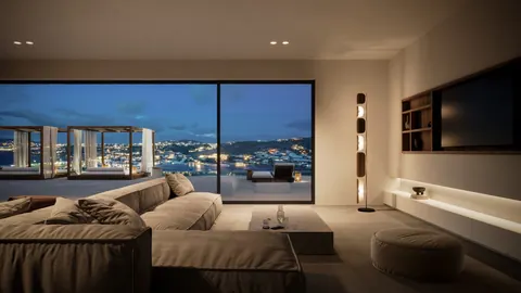Luxury Villa Geometric shapes Substantial infinity pool and spa over the bay, 6 bedrooms in Mykonos real estate for sale For Super Rich