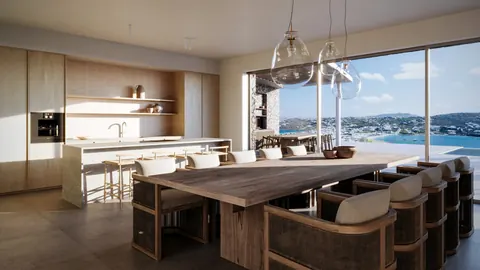 Luxury Villa Geometric shapes Substantial infinity pool and spa over the bay, 6 bedrooms in Mykonos price for sale For Super Rich