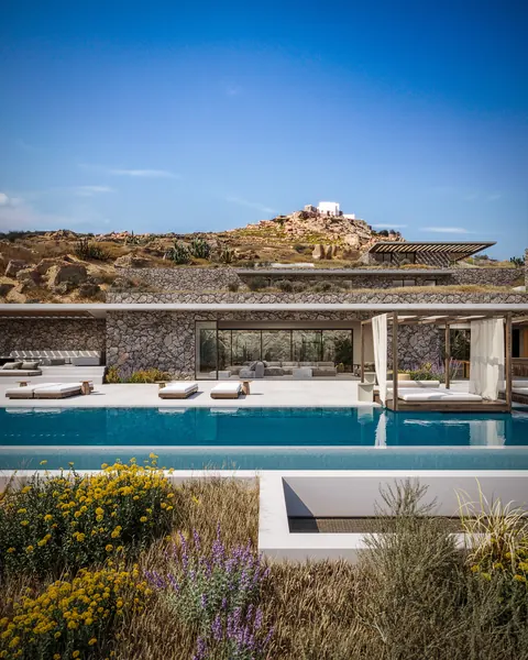 Luxury Villa Geometric shapes Substantial infinity pool and spa over the bay, 6 bedrooms in Mykonos