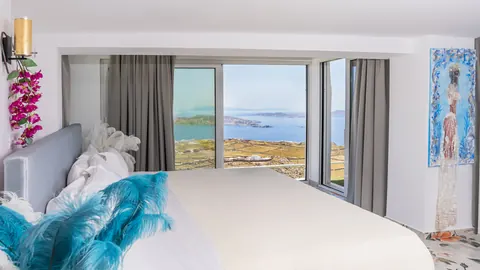 Premium Hotel Panoramic sea view overlooking the Aegean, Tennis court, 29 bedrooms in Mykonos expensive for sale For Super Rich