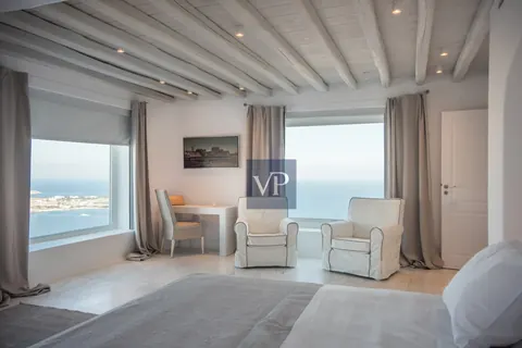 Luxury Villa Panoramic View Overlooking Psarou Beach, 10 bedrooms in Mykonos ultra luxury for sale For Super Rich