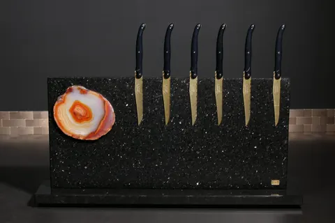 Magnetischer Messerblock von TYCOON STONE SCHMIDKE aus Star Galaxy Gold mit Achatscheibe Unique for sale For Super Rich